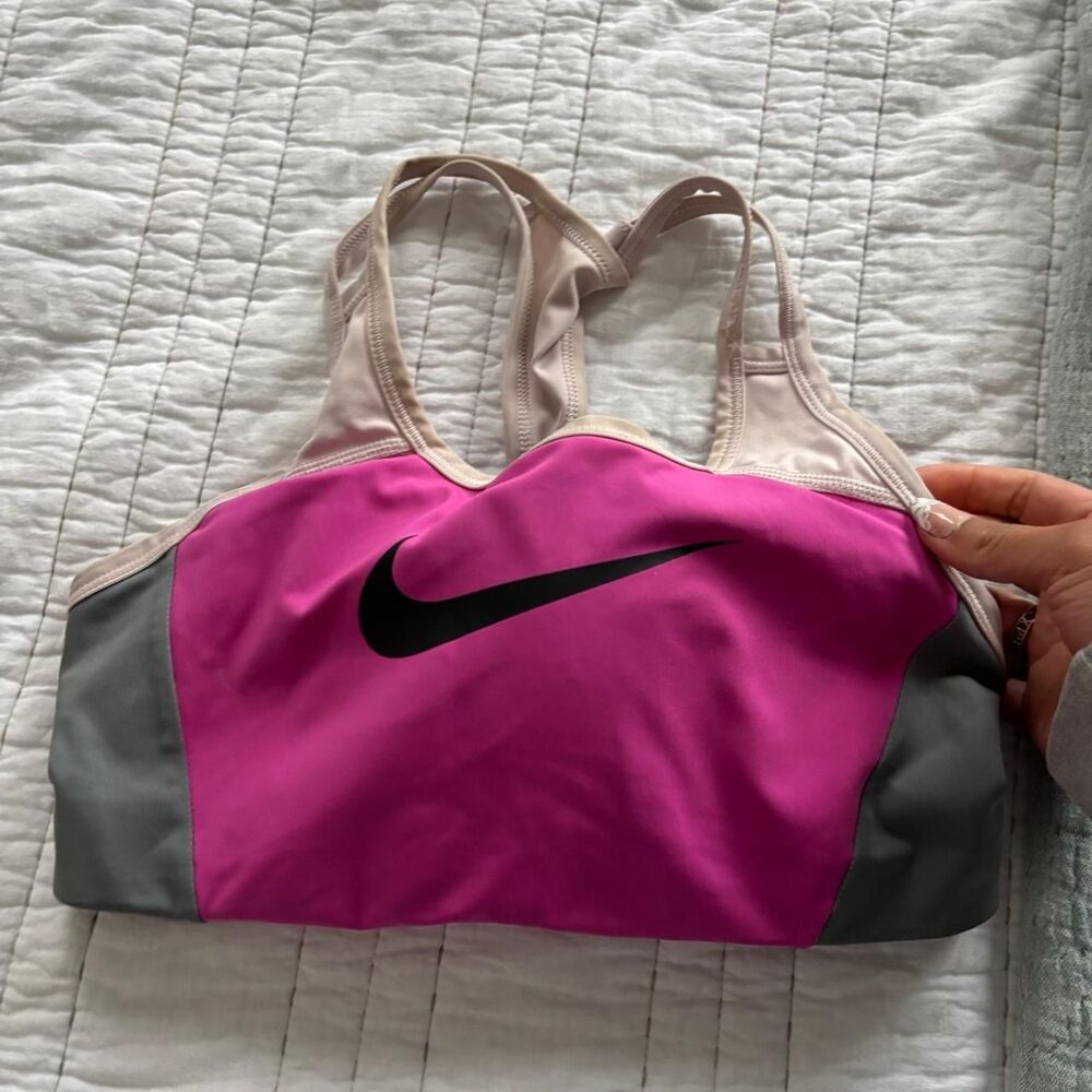 NIKE Magenta Pink Grey Swoosh Medium Racerback Women's Sports Bra